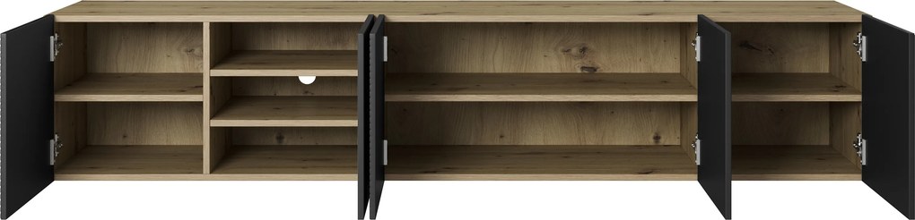 Závesná TV skrinka Asha 200 cm s ryhovaným čelom a otvorenou poličkou - artisan / čierny mat
