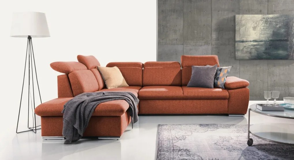 Rohová sedačka Aldon, tehlová štruktúrovaná látka, ľavý roh