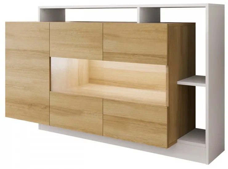Komoda Tauron, Farby: biela / dub grande, Osvetlenie: osvetlenie LED