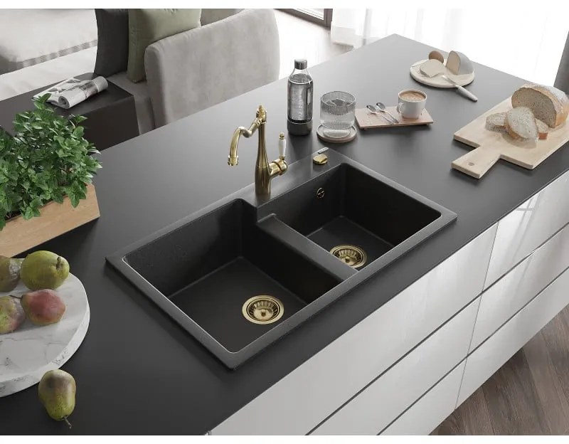 Mexen Tomas, granitový drez 800x500x190 mm, 2-komorový a drezová batéria Carla, čierna-strieborná metalíza, 6516-73-670700-50