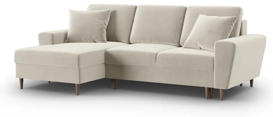 Béžová zamatová rozkladacia/s úložným priestorom rohová pohovka (ľavý roh/s leňoškou) Kyoto – Cosmopolitan Design