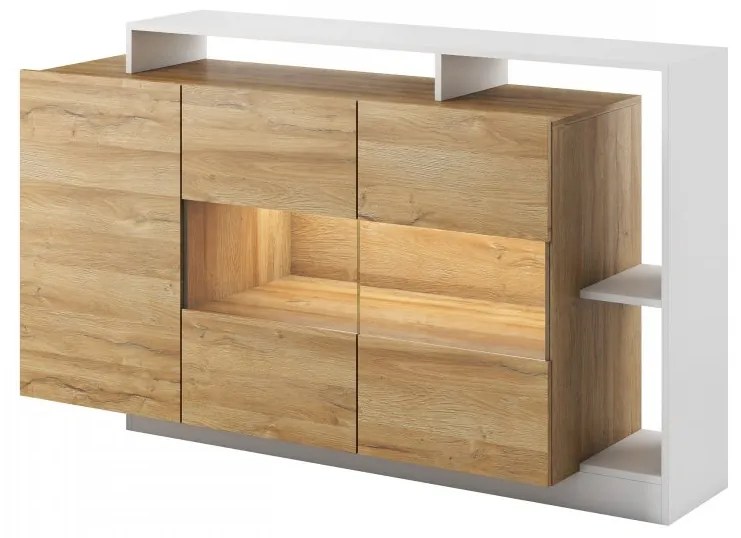 Komoda Tauron, Farby: biela / dub grande, Osvetlenie: osvetlenie LED
