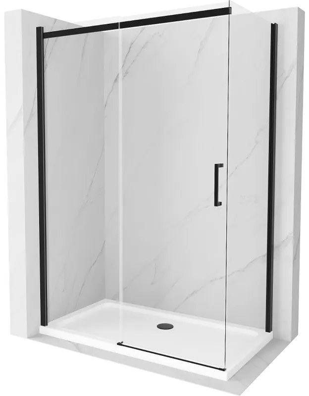 Mexen Omega, sprchovací kút s posuvnými dverami 140 (dvere) x 80 (stena) cm, 8mm číre sklo, čierny profil + slim sprchová vanička biela s čiernym sifónom, 825-140-080-70-00-4010B