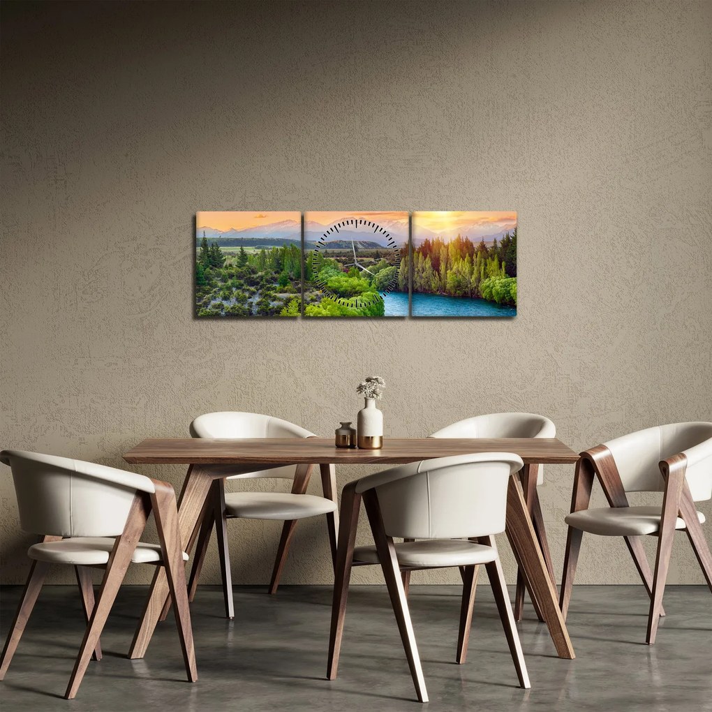 Obraz - Lesná horská krajina (s hodinami) (90x30 cm)