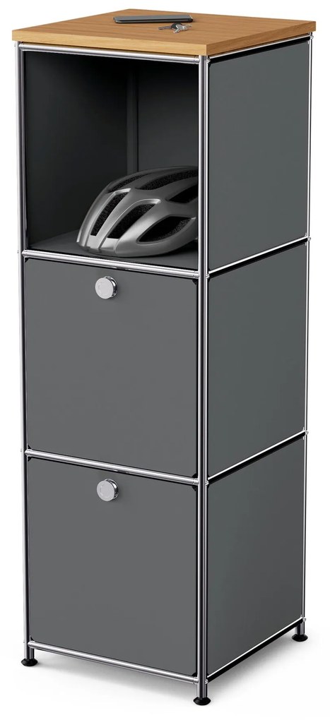 Úzka kovová komoda »CN3« s drevenou doskou a 2 výklopnými priečinkami, sivá