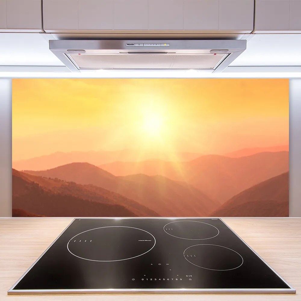 Sklenený obklad Do kuchyne Slnko hory príroda 125x50 cm