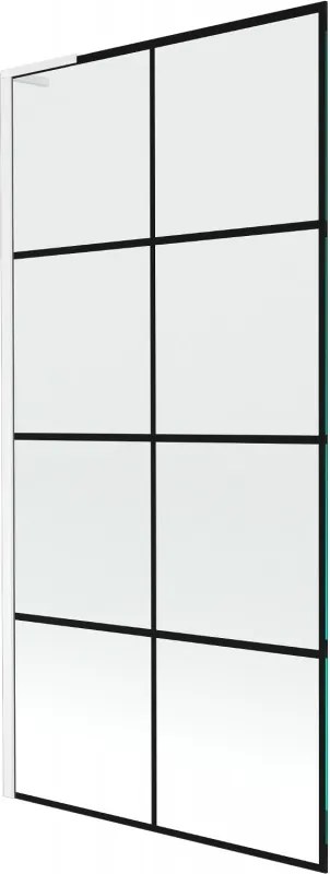 Mexen Next L, 1-krídlová vaňová zástena 90 x 150 cm, 6mm číre sklo-čierny vzor, biely profil, 895-090-000-03-77-20