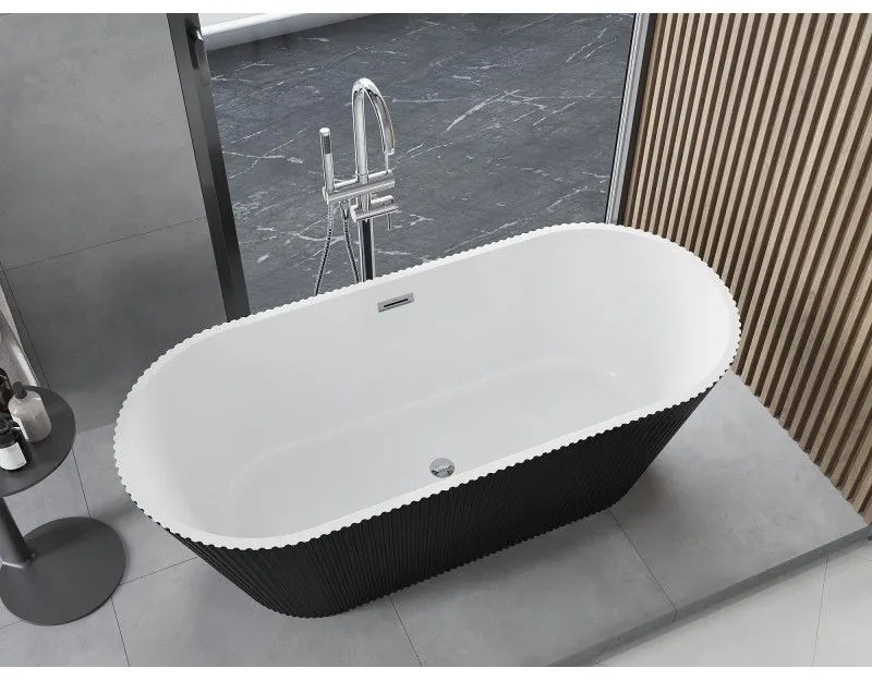 Mexen Yara, voľne stojaca ryhovaná vaňa 170 x 75 cm, biela-čierna, chrómový prepad, 52861707575-01