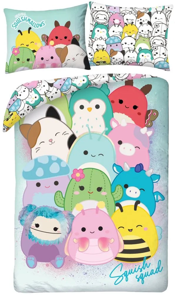 Obojstranné posteľné obliečky z mikrovlákna Squishmallows – motív Squish Squad - 70 x 90 cm + 140 x 200 cm - zipsové zapínanie