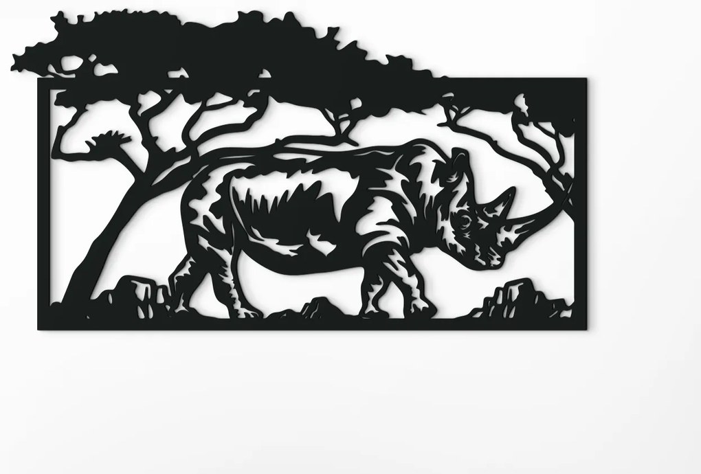 drevko Drevený obraz Nosorožec v savane Rozmer obrazu: 25 x 44,5 cm, Farba dekorácie: Čierna