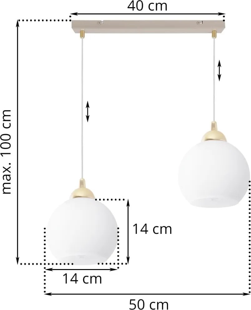 Závesné svietidlo Eliza, 2x biele sklenené tienidlo, g/be