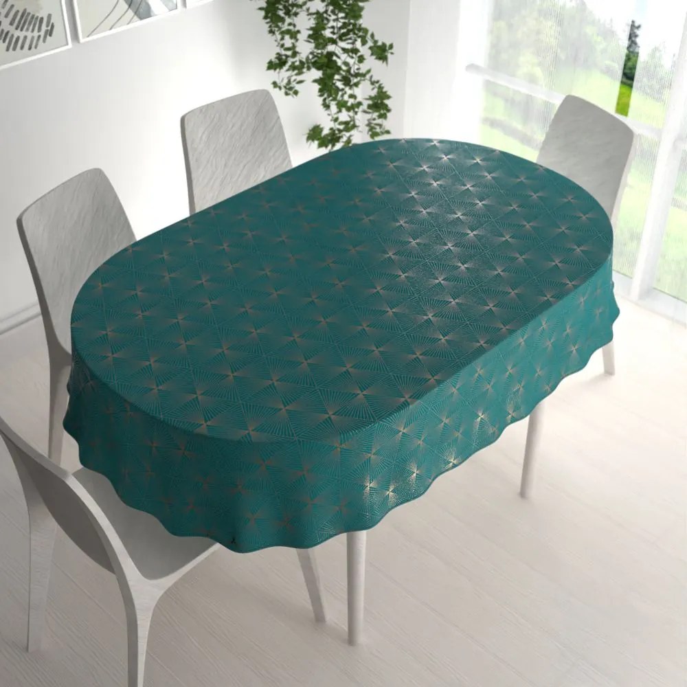 Biante Zamatový oválny obrus Isabela IBL-008 Rose Gold trojuholníky na petrolejovom 80x120 cm