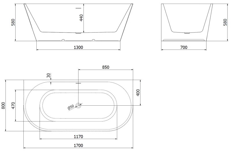 Mexen Oris, voľne stojaca ryhovaná vaňa 170 x 80 cm, biela-šedá, biely prepad, 52871708062-20