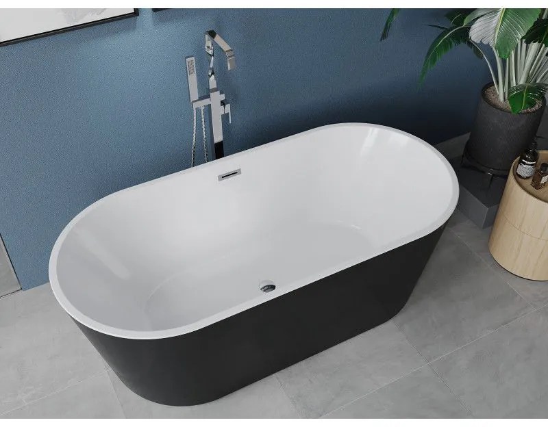 Mexen Luna, voľne stojaca vaňa 140 x 75 cm, biela/čierna, chrómový prepad, 52031407575-01