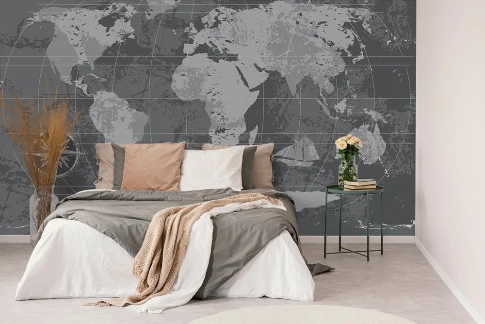 Samolepiaca tapeta rustikálna mapa sveta v čiernobielom - 150x100