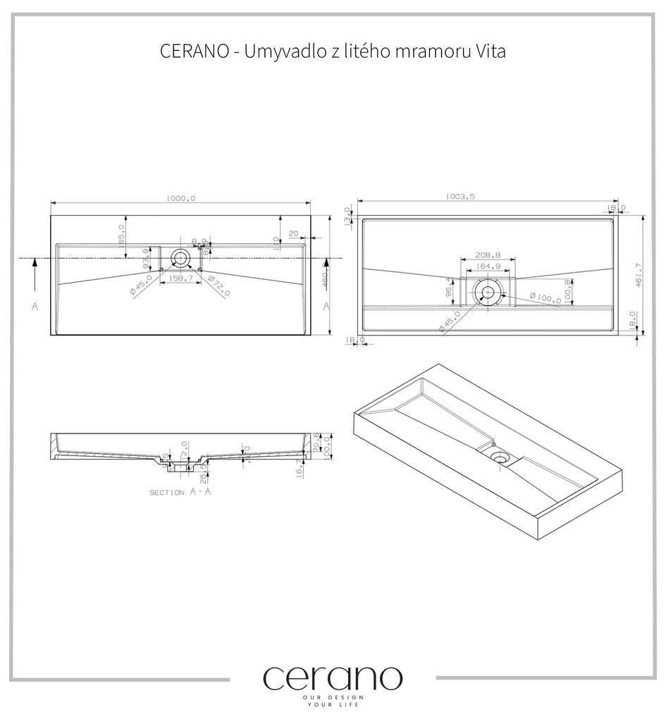 CERANO - Umývadlo z liateho mramoru Vita - nástenné aj na dosku - biela matná - 100x46 cm, CER-CER-8050BD6936