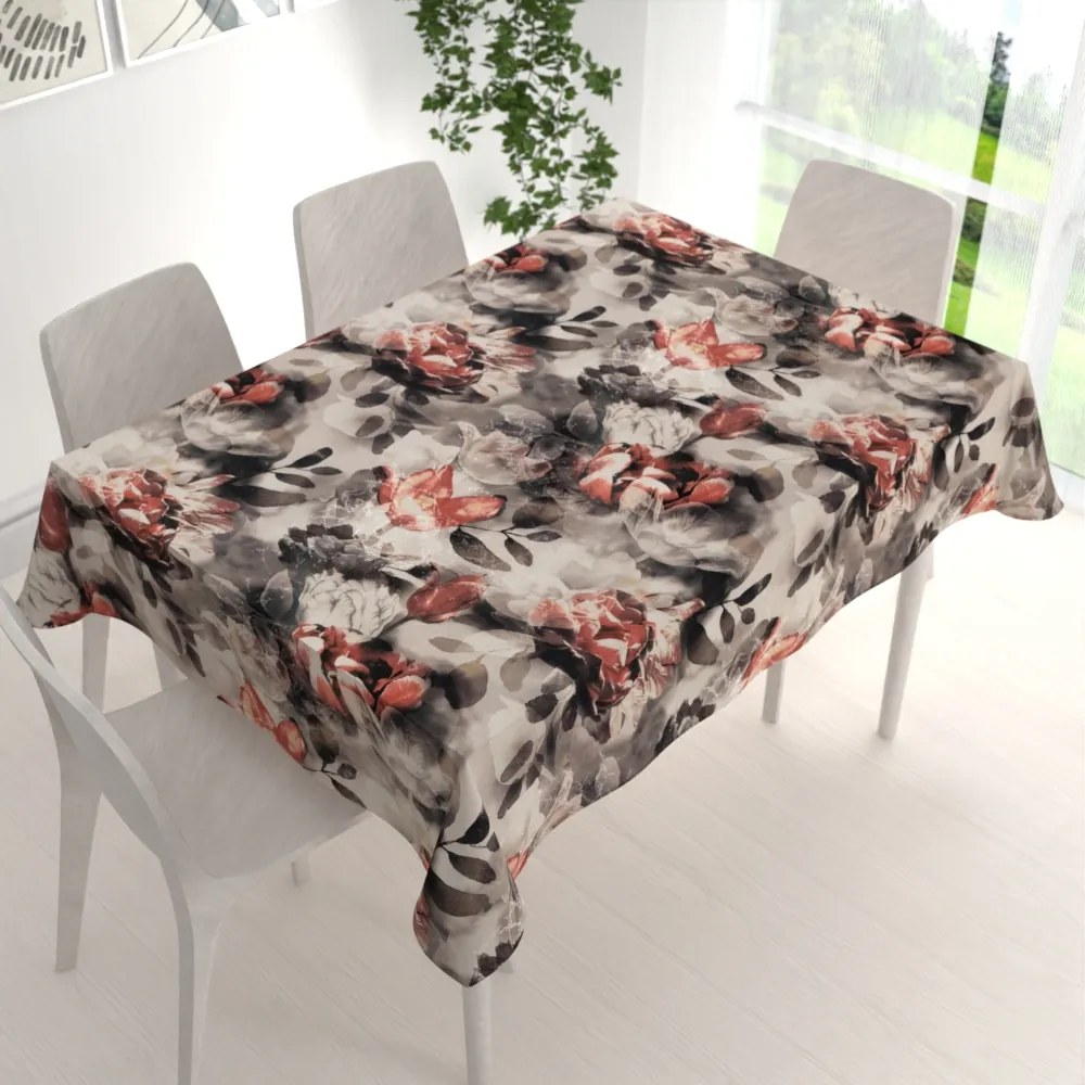 Biante Dekoračný obdĺžnikový obrus Parma PM-111 Tehlovo červené kvety na dymovo sivohnedom 140x200 cm