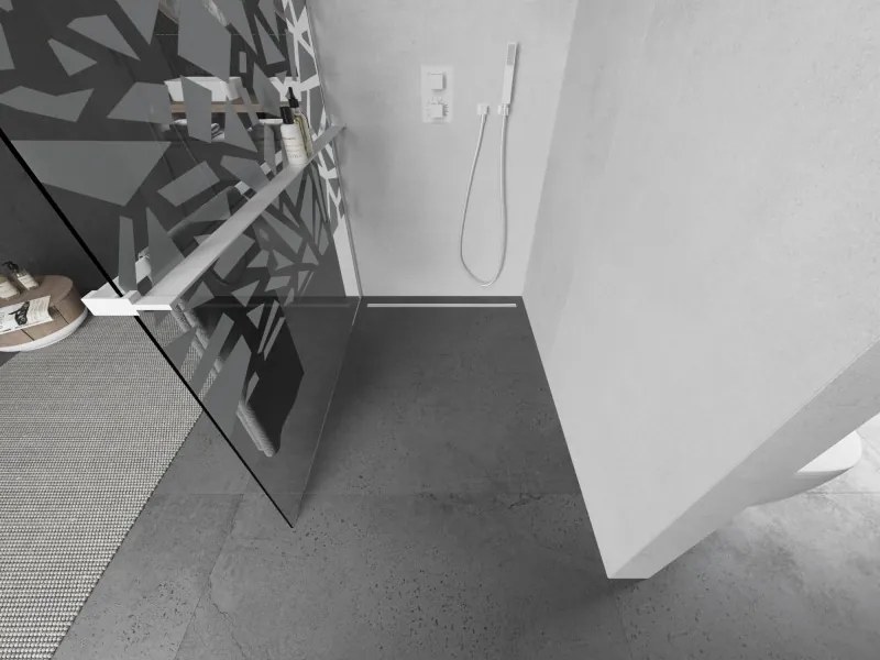 Mexen Kioto+, sprchová zástena Walk-In s poličkou a vešiakom 120 x 200 cm, 8mm číre sklo biely vzor, biely profil, 800-120-121-20-85