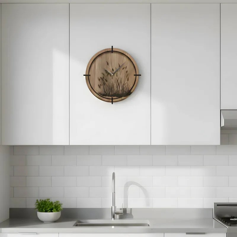 Drevené nástenné hodiny – motív lúčnych tráv | Tichý chod | SENTOP HDF0587-DUB-HALIFAX