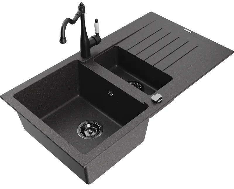 Mexen Matias, granitový drez 900x505x200 mm, 1,5-komorový a drezová batéria Carla, čierna škvrnitá, 6502-76-670700-70-B