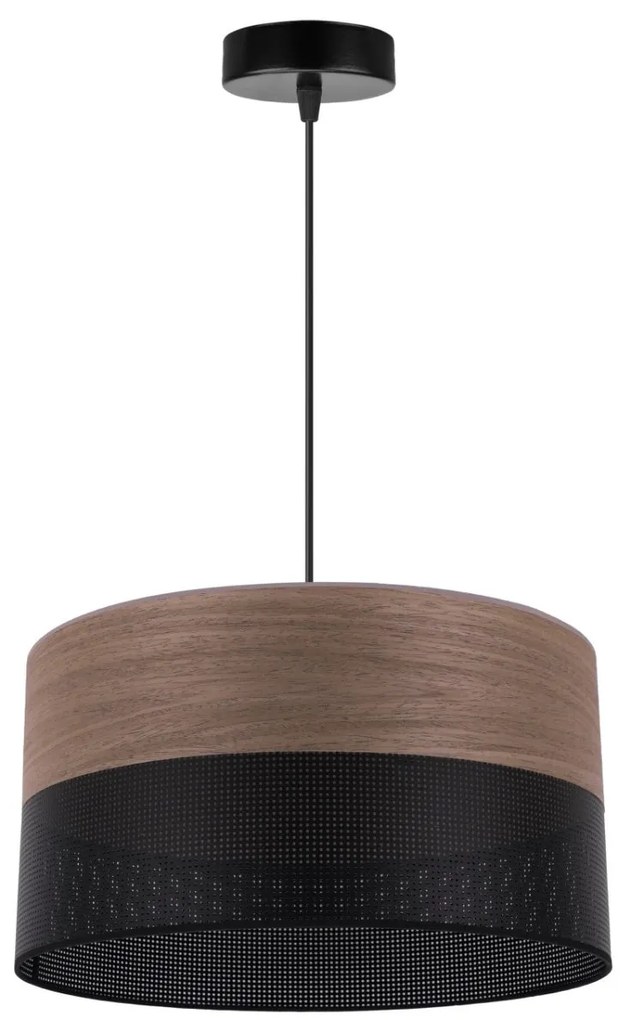 Závesné svietidlo Wood, 1x hnedá orechová dýha/čierne PVC tienidlo, (fi 35cm)