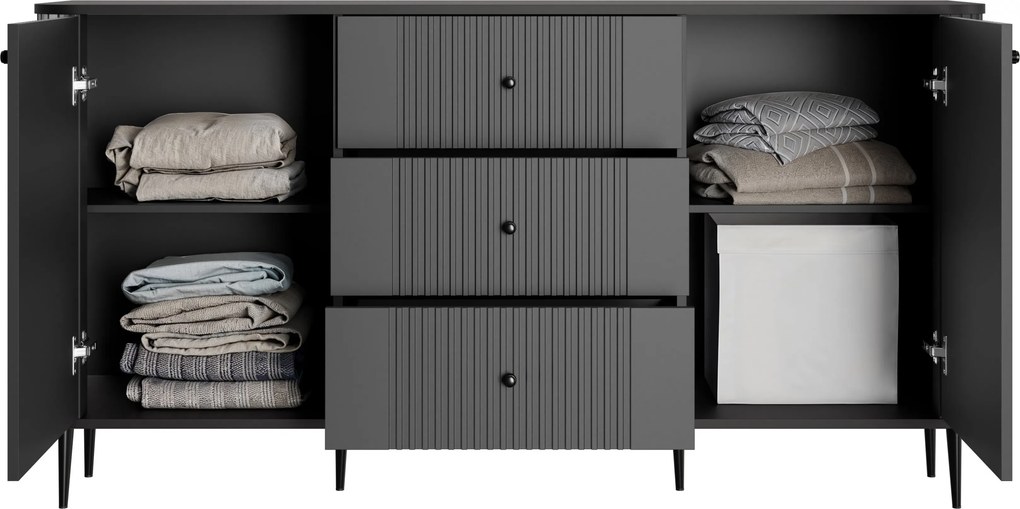 Komoda Vesper 160 cm so zásuvkami na nožičkách - čierna / čierne nohy