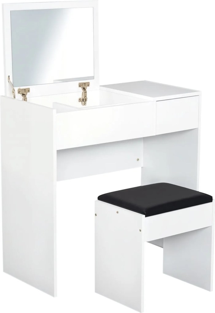 HOMCOM Kozmetický stolík so stoličkou s výklopným zrkadlom a úložnými boxmi 80x40x79 cm a 40x30x40 cm Biela | Aosom