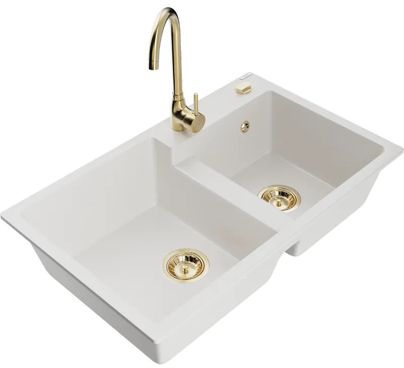 Mexen Tomas, granitový drez 800x500x190 mm, 2-komorový a zlatá batéria Telma, biela, 6516-20-670200-50