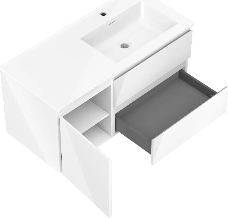 Mexen Orio, kúpeľňová skrinka 100 cm s pravým umývadlom Otis, 2S, 1D, biela lesklá, 91A13-10047-3-BBFFF00-W18P00