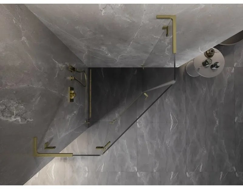 Mexen Lunar, L päťuholníkový sprchový kút naklápací doľava 100 x 100 cm, 8mm číre sklo, zlatý matný profil, 831L-100L-100P-55-00-L