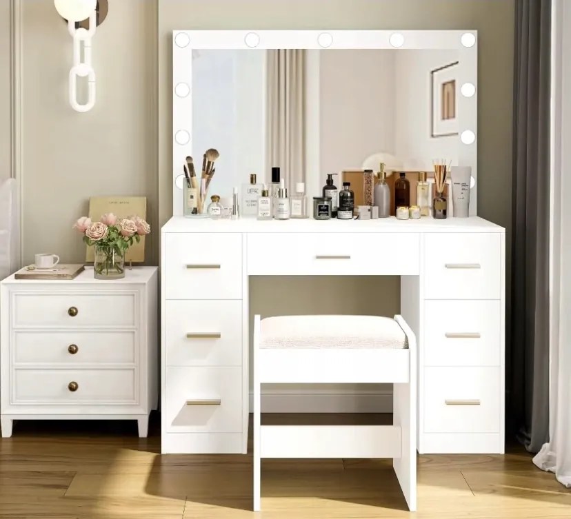 Veľký toaletný stolík biely s osvetlením 80 x 40 x 110cm
