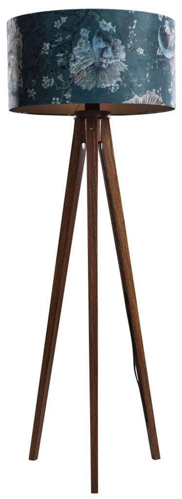 Stojacia lampa z orechového dreva s plyšovým tienidlom s motívom rýb 50 cm - Tripod Classic