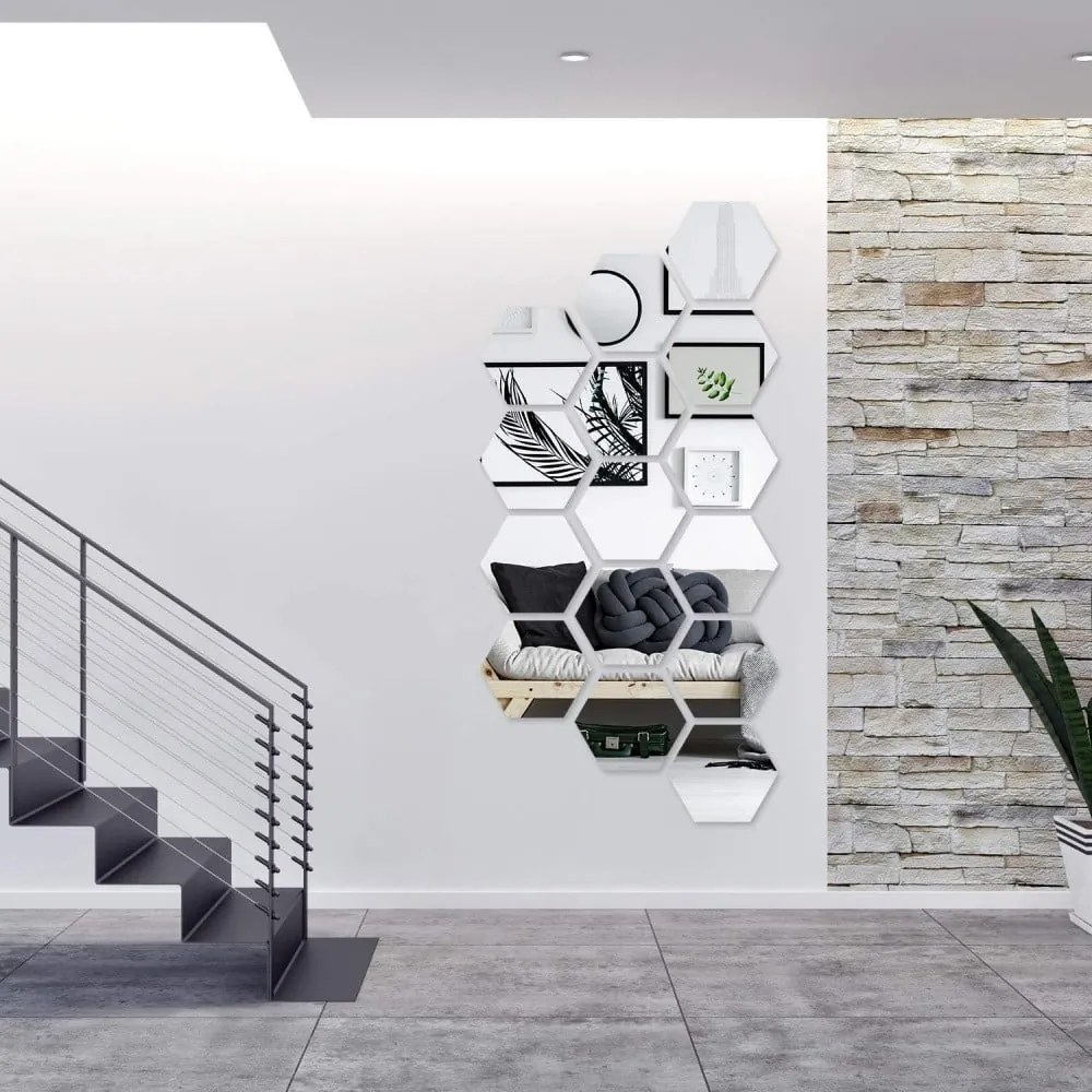 Súprava 12 adhezívnych zrkadlových samolepiek Ambiance Hexagonal Mirror, 20 x 17 cm