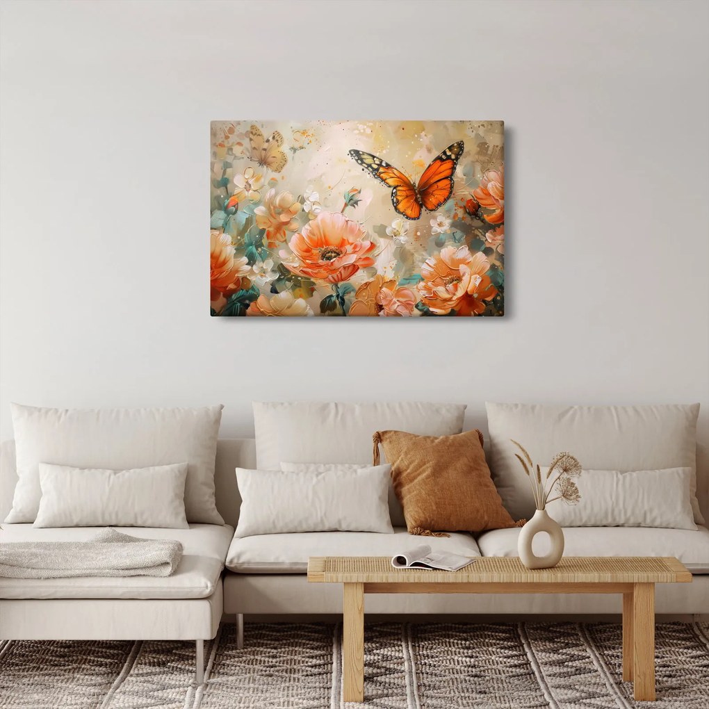 Obraz - Motýľ a kvety, olejomaľba (90x60 cm)