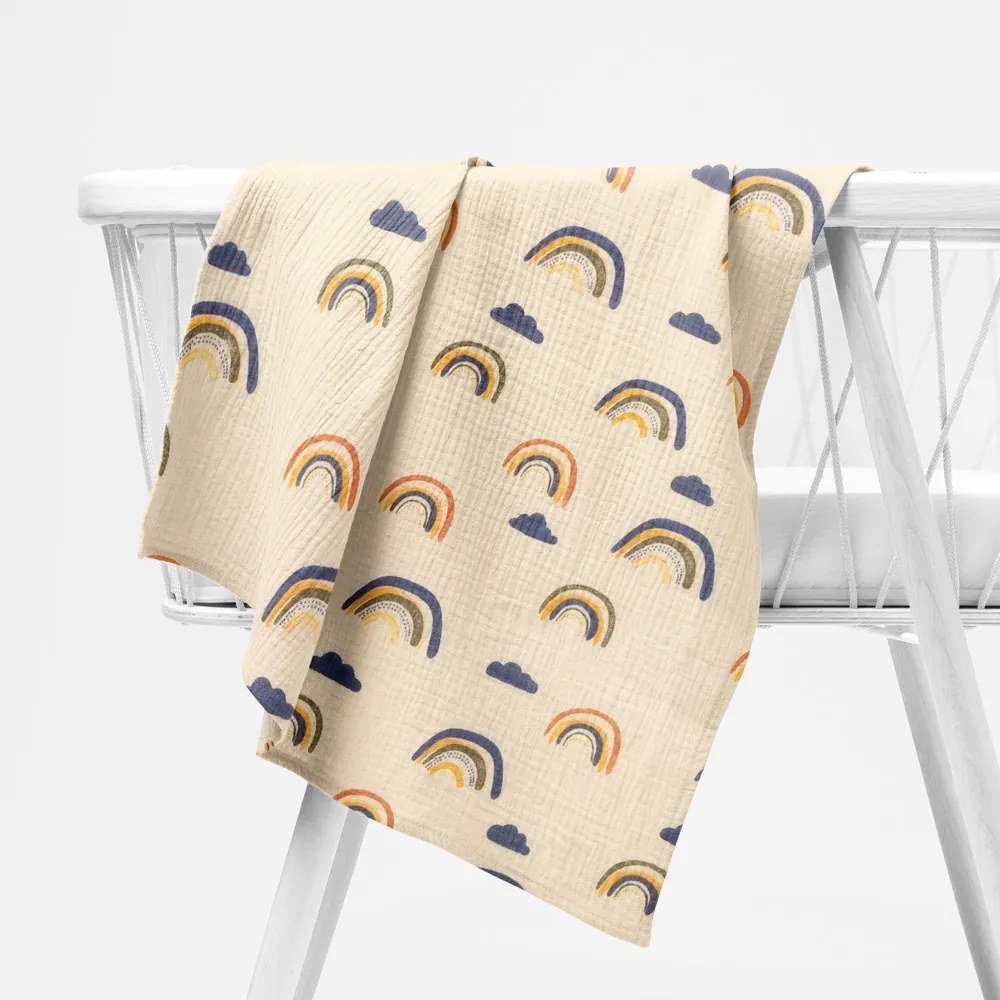 Biante Mušelínová plienka/dečka Nature MSN-073 Dúhy na krémovo žltom - ZVÝHODNENÁ SADA 3 KS 120x120 cm - Sada 3 ks
