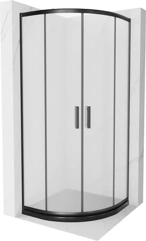 Mexen Rio, štvrťkruhový sprchovací kút s posuvnými dverami 80(dvere) x 80(dvere) x 190 cm, 6mm sklo námraza, čierny profil + čierna sprchová vanička SLIM, 863-080-080-70-30-4170B