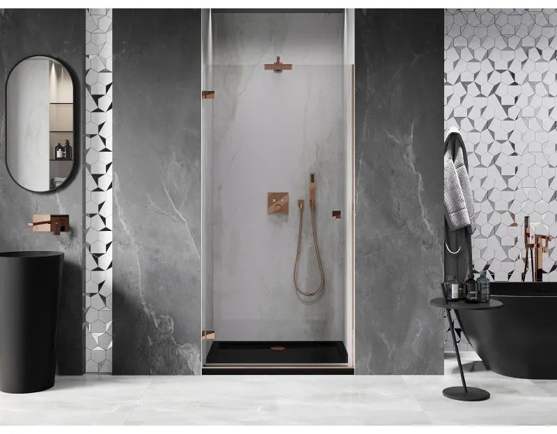 Mexen Lunar-B, ľavé otočné sprchové dvere 70 cm, 8mm číre sklo, ružové zlato profil, 832-070-000-60-00-L