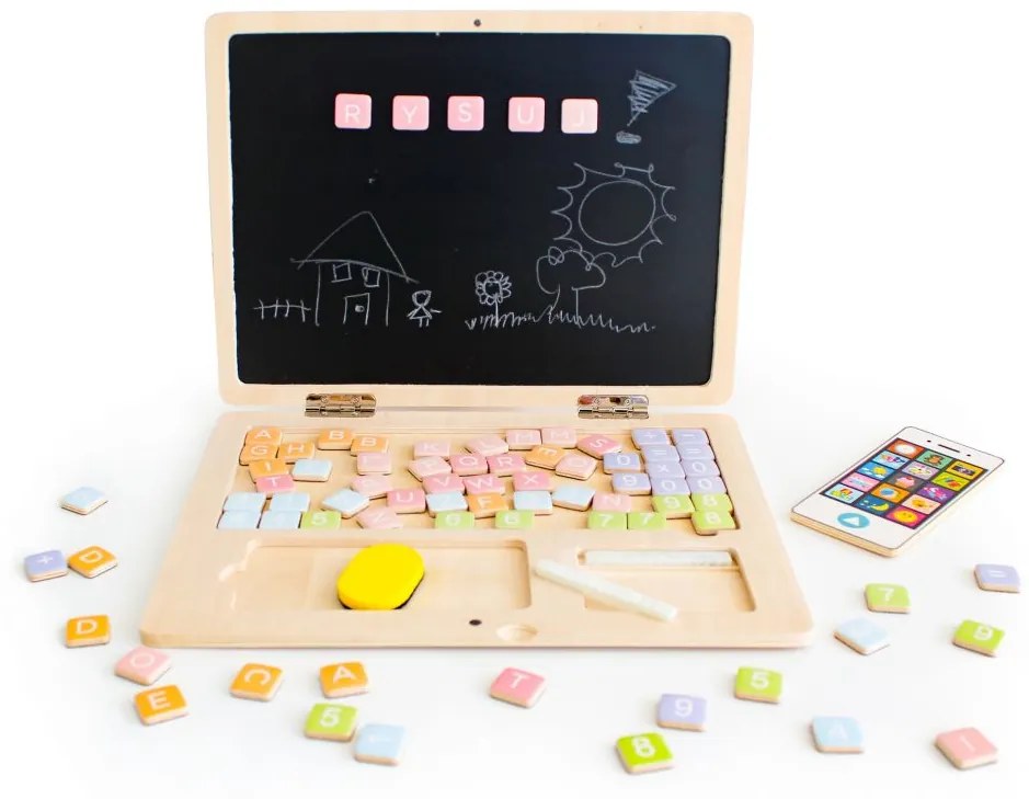 ECOTOYS Detský drevený Notebook - edukačná magnetická tabuľa