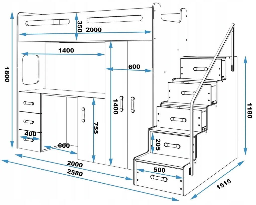Interbeds MAX 4 poschodová posteľ 258x180 komplet + matrac + písací stôl + šatník modro-biela 2025