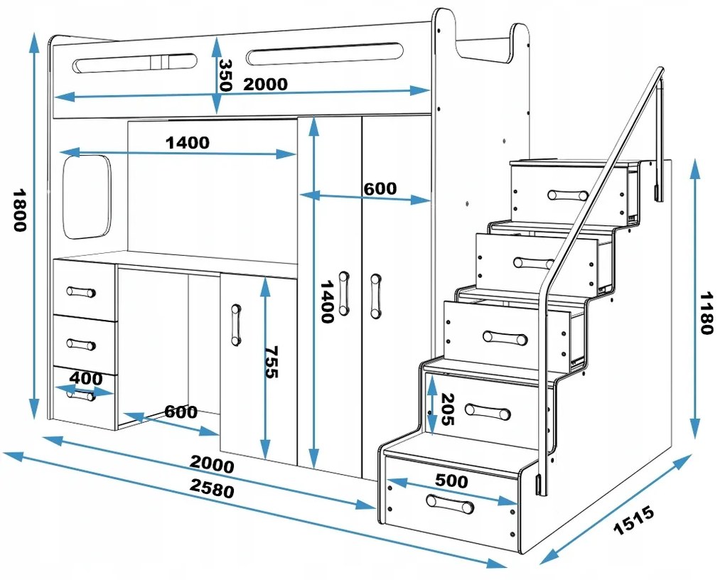 Interbeds MAX 4 poschodová posteľ 258x180 komplet + matrac + písací stôl + šatník sivo-biela