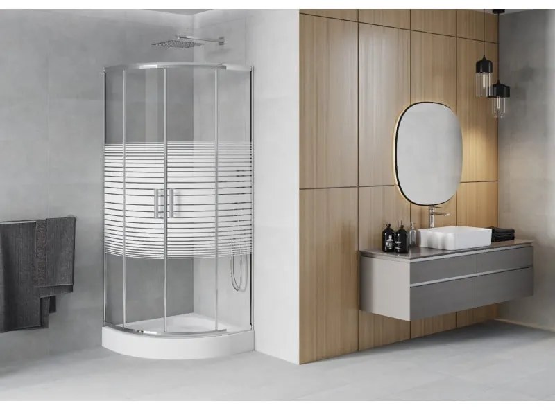 Mexen Rio, štvrťkruhový sprchovací kút s posuvnými dverami 90 x 90 cm, 6mm číre sklo/pásy, chrómový profil + biela vysoká sprchová vanička Rio, 863-090-090-01-20-4710