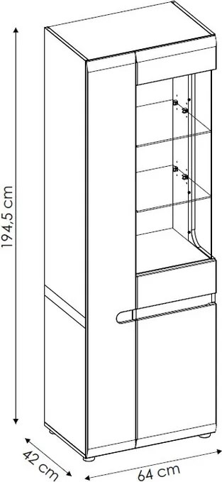Vysoká vitrína Linate, biely lesk/dub, ľavé dvere
