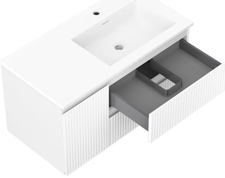 Mexen Rivel, kúpeľňová skrinka 90 cm s pravým umývadlom Otis, 2S, 1D, drážkovaná, biela matná, 91A23-09047-3-BBFFF01-W18P01