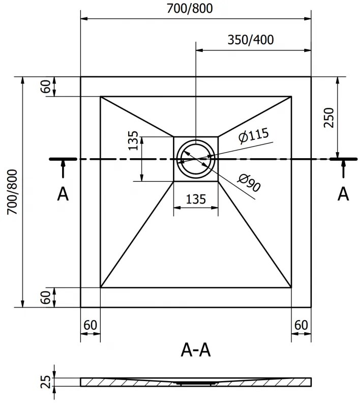 Mexen Stone+, štvorcová vanička z minerálneho kompozitu 80 x 80 cm, čierna, zlatá lesklá krytka, 44708080-G