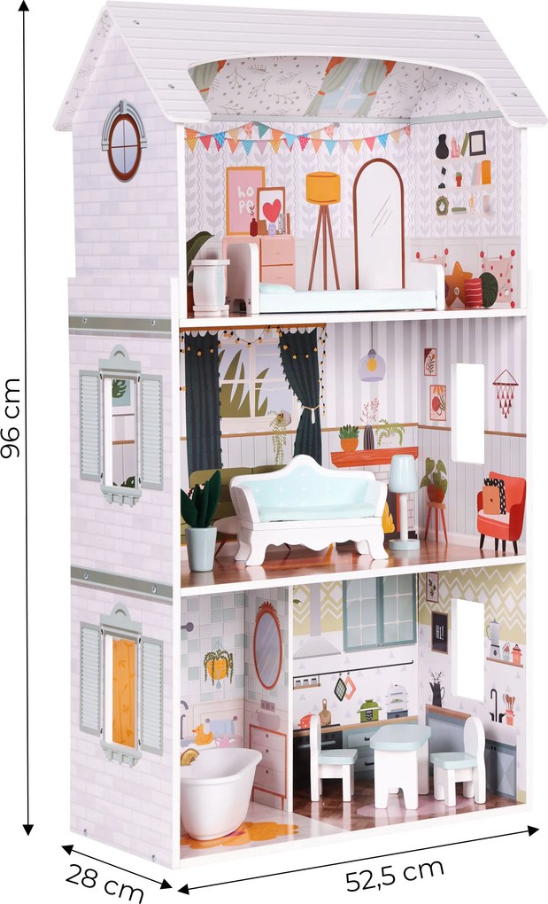 ECOTOYS Domček pre bábiky Alice z MDF, 3 poschodia, 4 izby, 9 dielov nábytku, pre deti 3+