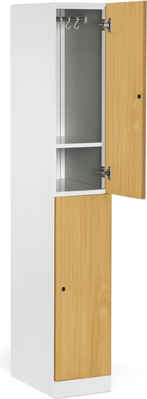 Šatníková skrinka S1 s úložnými boxmi, 2 boxy, 1850 x 300 x 500 mm, zámok s čítačkou RFID kariet, laminované dvere, orech