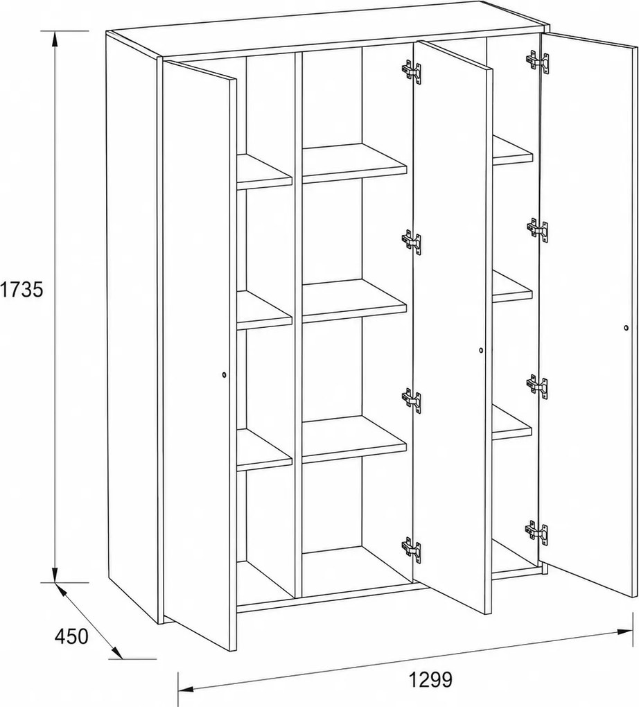 Kancelárska skriňa FRAME, 3x dvere, 1299 x 450 x 1735 mm, PUSH-lock, biela