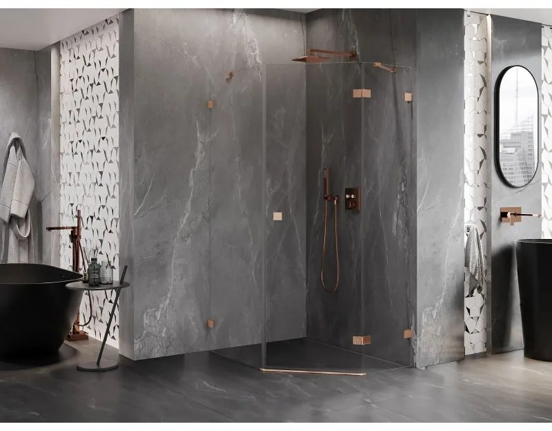 Mexen Lunar, päťuholníkový sprchový kút s pravým sklonom 90 x 100 cm, 8mm číre sklo, profil medená matná, 831-090P-100L-65-00-P
