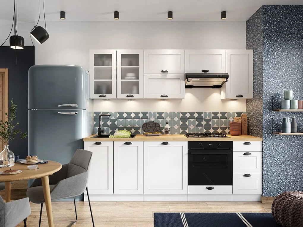 Kuchynská linka Luis 240 1, Farby: biela / biela + dub arlington, Osvetlenie: osvetlenie LED biele