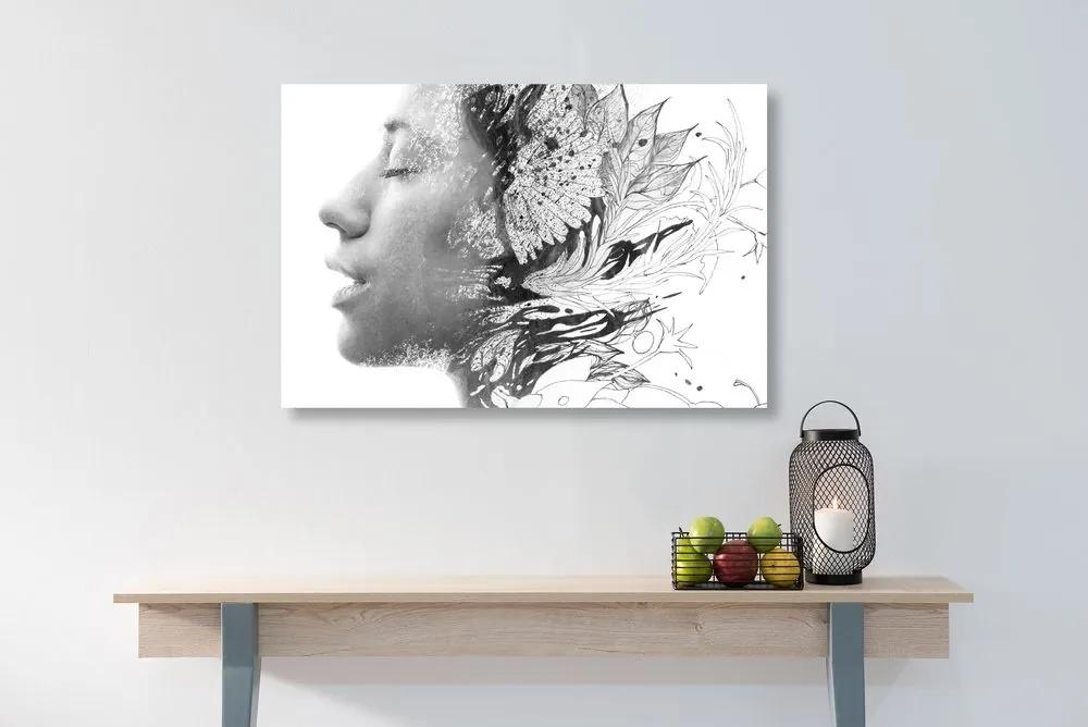 Obraz žena s maľovanými kvetmi v čiernobielom prevedení - 120x80